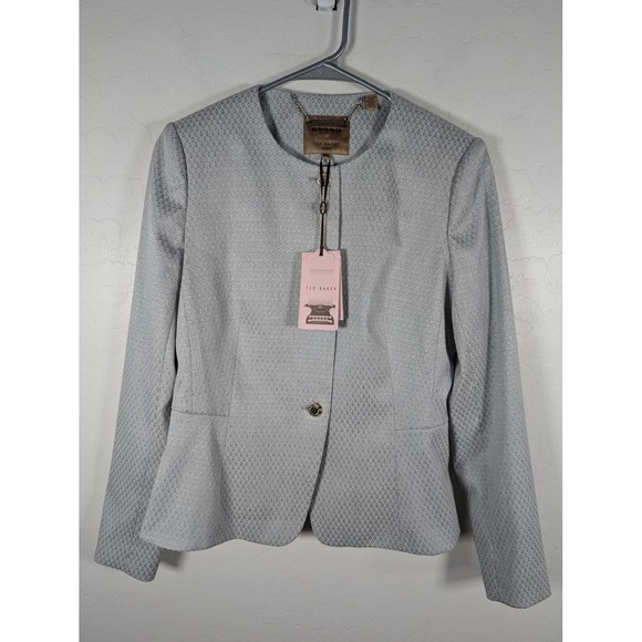 Ted Baker Blazer Suit Jacket Womens 3 Pale Blue Peplum Textured Jacquard Lined
